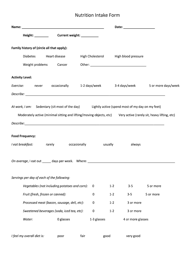 Get and Sign Nutrition Intake Form