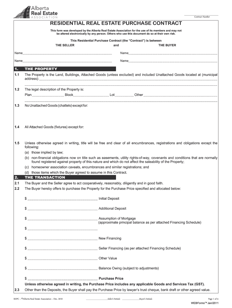 Residential Real Estate Purchase Contract Alberta Sample  Form