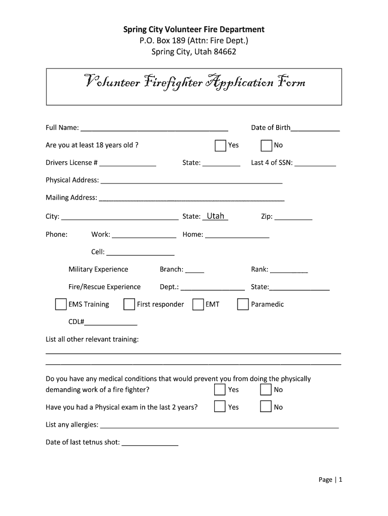 Volunteer Fire Department Application Template  Form