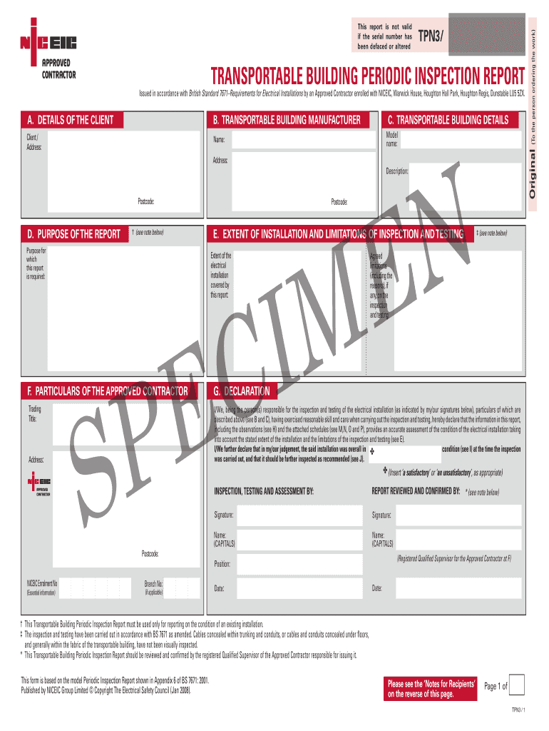 Transportable Building Electrical Installation Certificate  Form