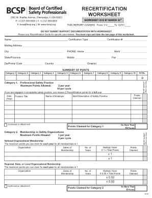 Recertification Worksheet Board of Certified Safety Professionals  Form