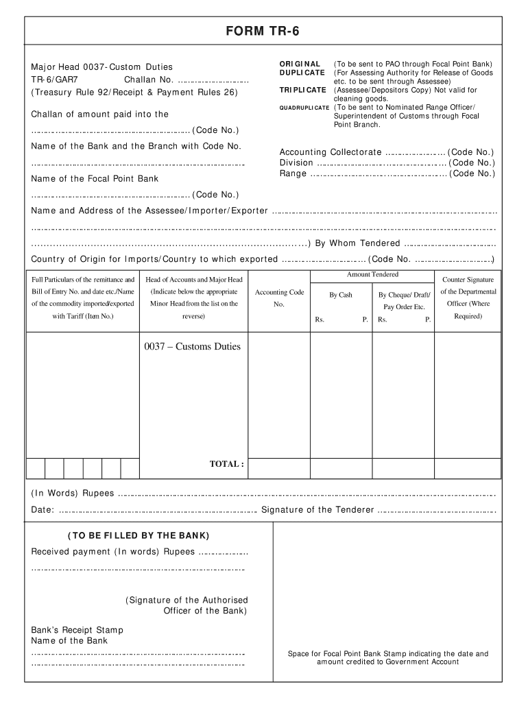 Tr 6 Challan for Customs Duty in Excel  Form