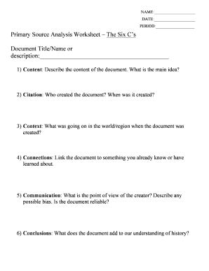 Primary Source Analysis Worksheet PDF  Form