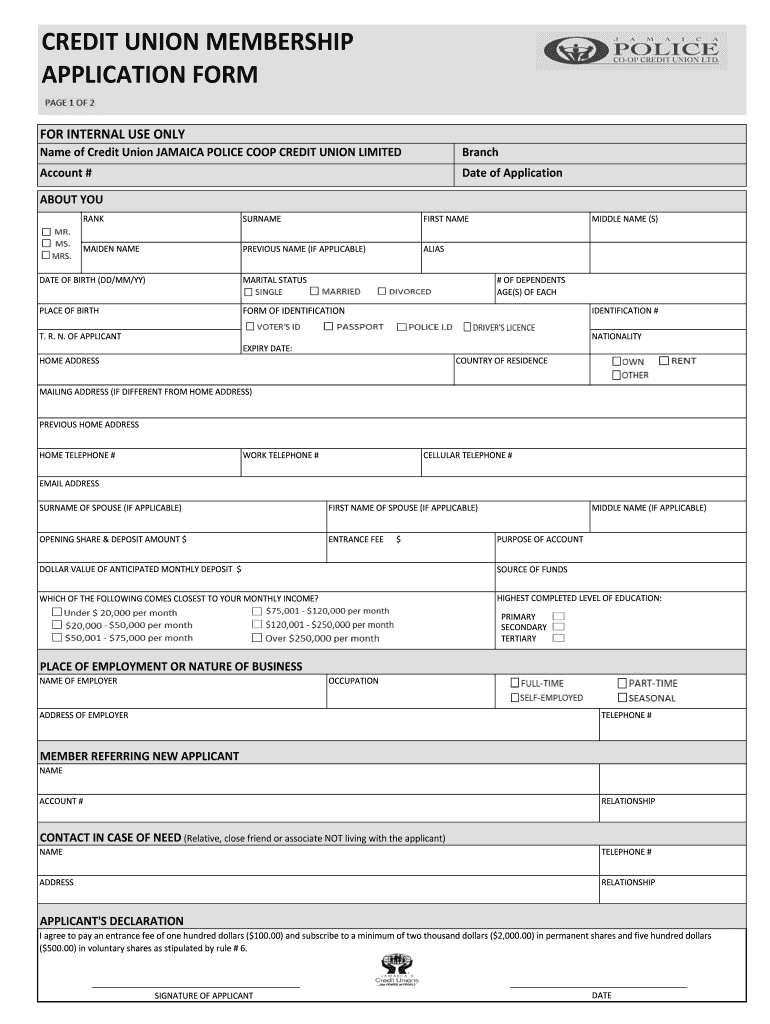 CREDIT UNION MEMBERSHIP APPLICATION FORM