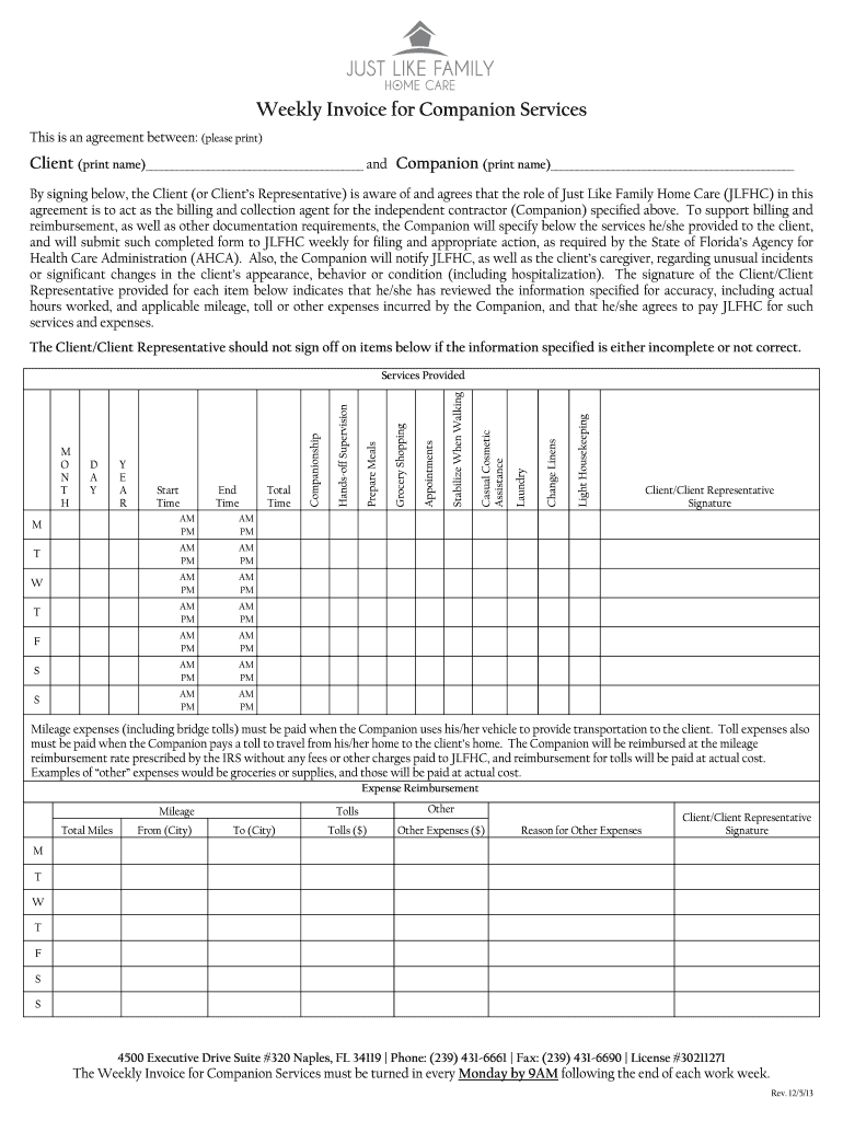  Weekly Invoice for Companion Services  Just Like Family Home Care 2013