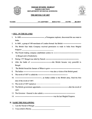 Worksheet on Revolt of 1857 for Class 5  Form