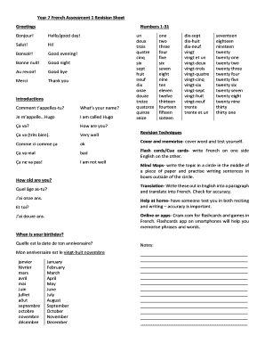 Year 7 French Revision Worksheets PDF  Form
