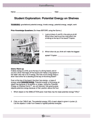 Student Exploration Potential Energy on Shelves Answer Key  Form