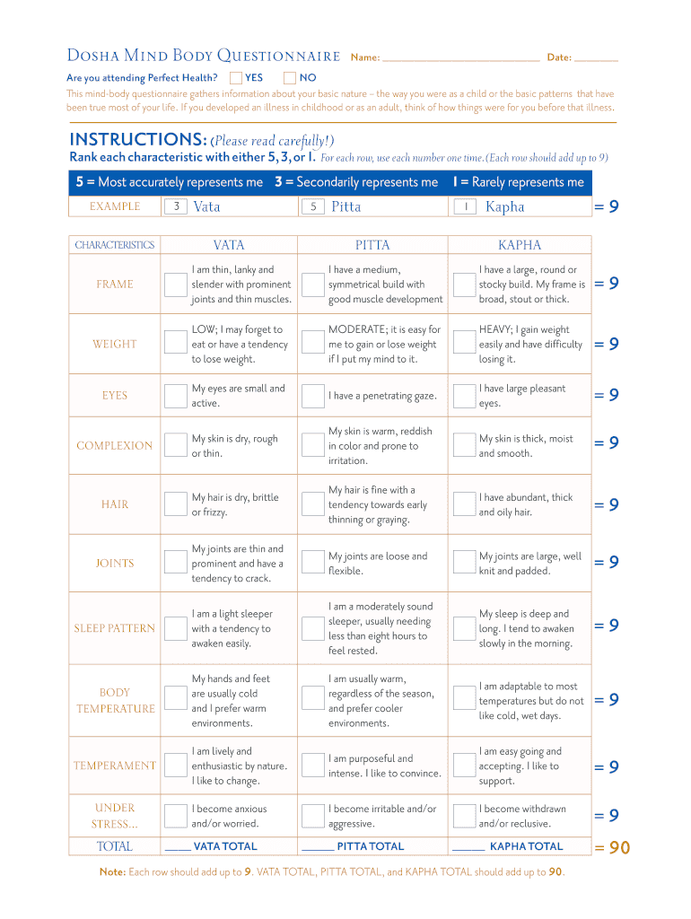 Dosha Mind Body Questionnaire Name Date Chopra  Form