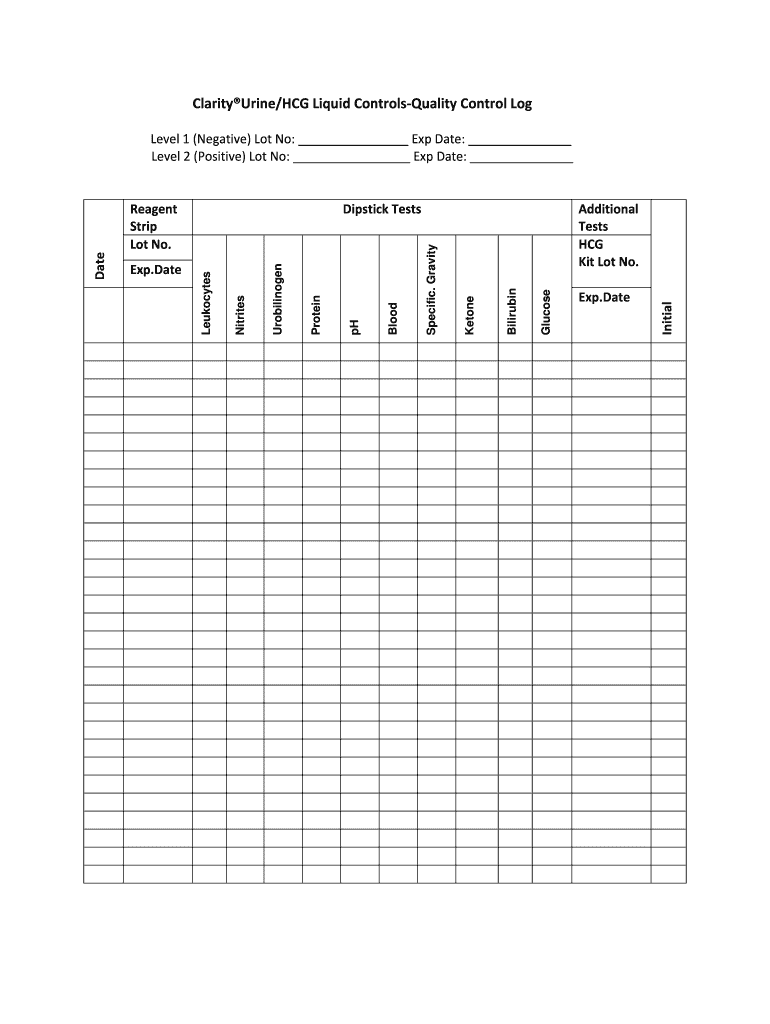 ClarityUrineHCG Liquid Controls Quality Control Log  Form