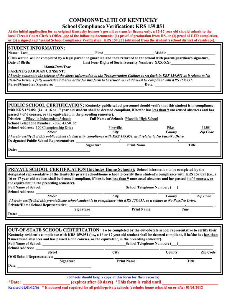  Kentucky Compliance Verification Form 2012-2024