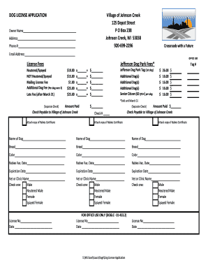 Dog License Application Village of Johnson Creek  Form