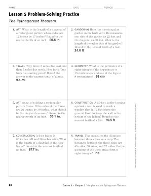 Lesson 6 Problem Solving Practice Use the Pythagorean Theorem Answer Key  Form