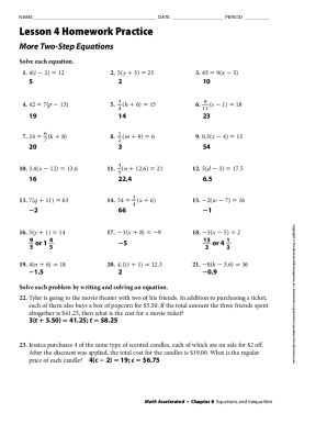 Lesson 5 Homework Practice More Two Step Equations  Form