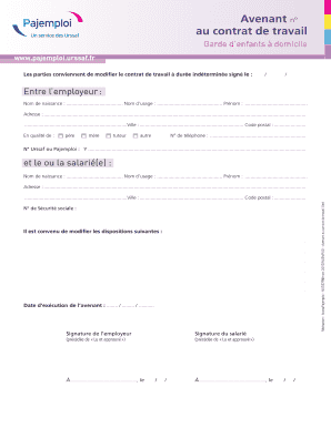 Avenant N Au Contrat De Travail Pajemploiurssaffr  Form