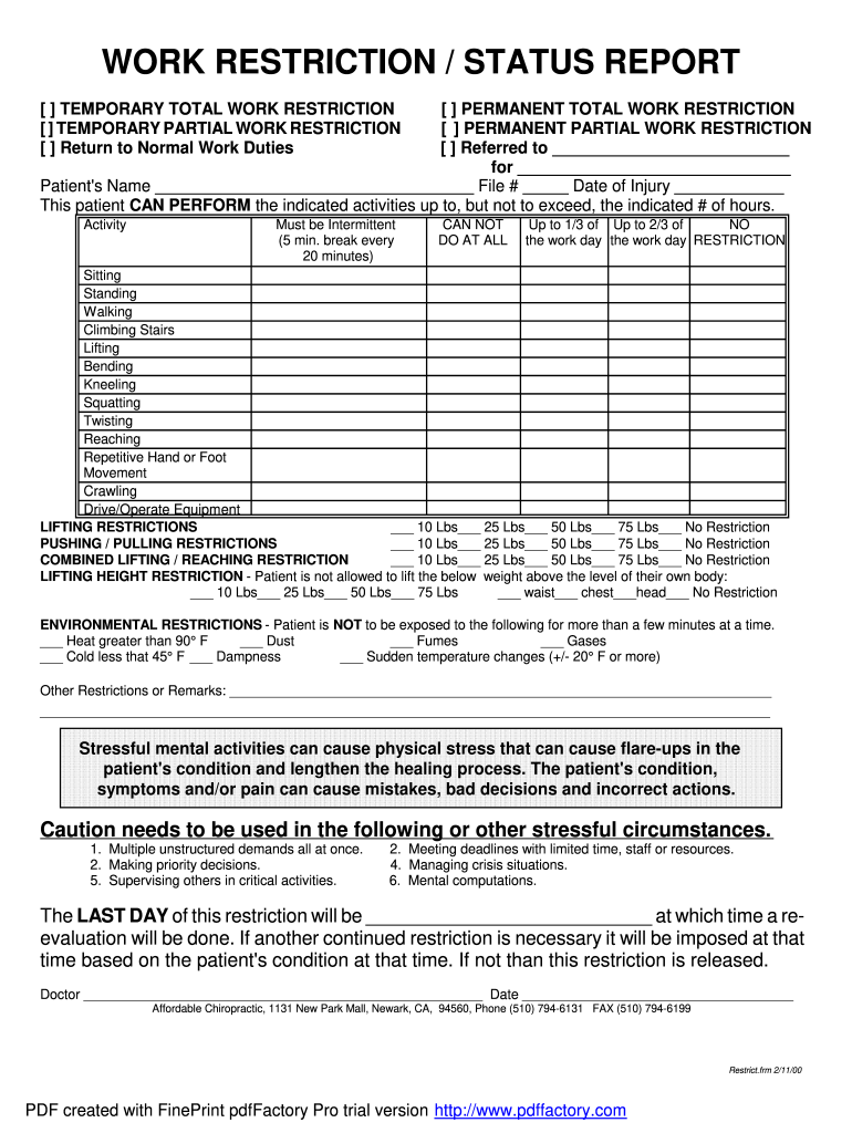  Nova Work Status Restricition Form 2000-2024