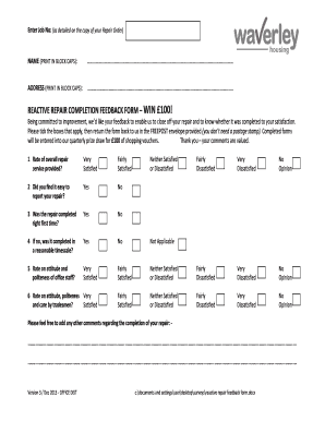 REACTIVE REPAIR COMPLETION FEEDBACK FORM WIN 100 Waverley Housing Co