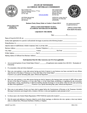  STATE of TENNESSEE ALCOHOLIC BEVERAGE COMMISSION Davy Crockett Tower 500 James Robertson Parkway, 3rd Floor Nashville, TN 37243 2015-2024