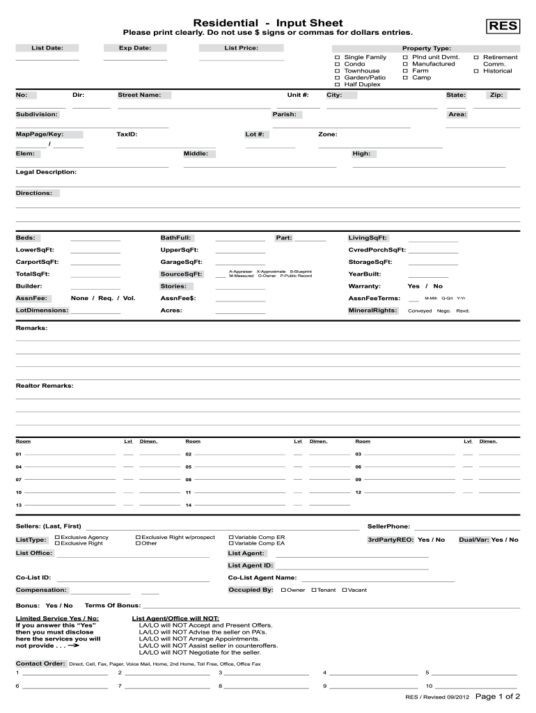 Residential Input Sheet REALTOR Association of Acadiana  Form