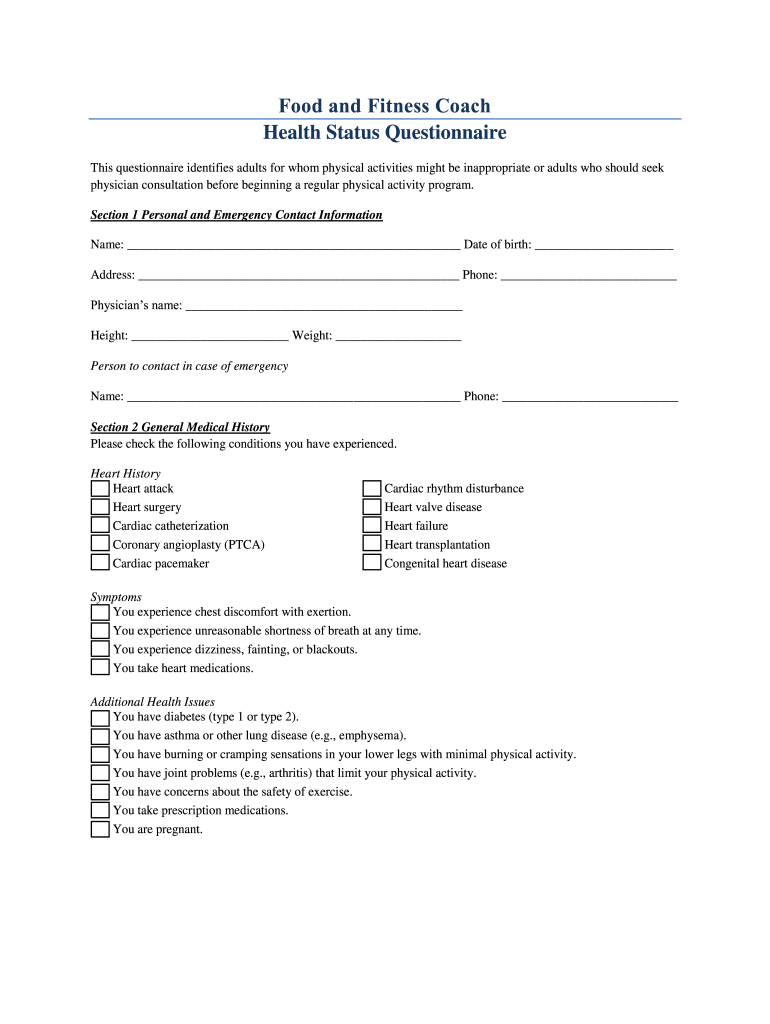 Food and Fitness Coach Health Status Questionnaire  Form