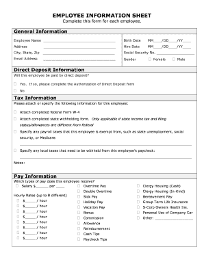 EMPLOYEE INFORMATION SHEET Complete This Form for Each Employee