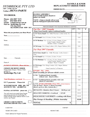 Rena Ware Parts Order Form