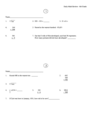 Daily Math Review 6th Grade PDF  Form