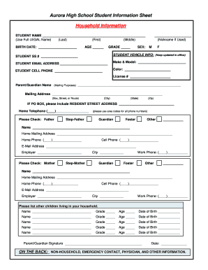 Aurora High School Student Information Sheet Household