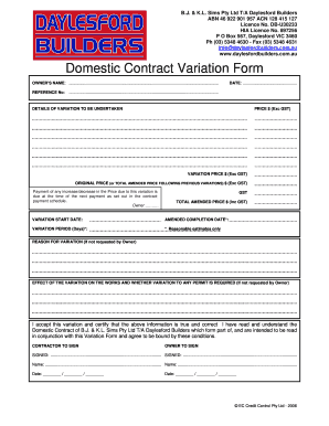 Domestic Contract Variation BFormb Daylesford Builders