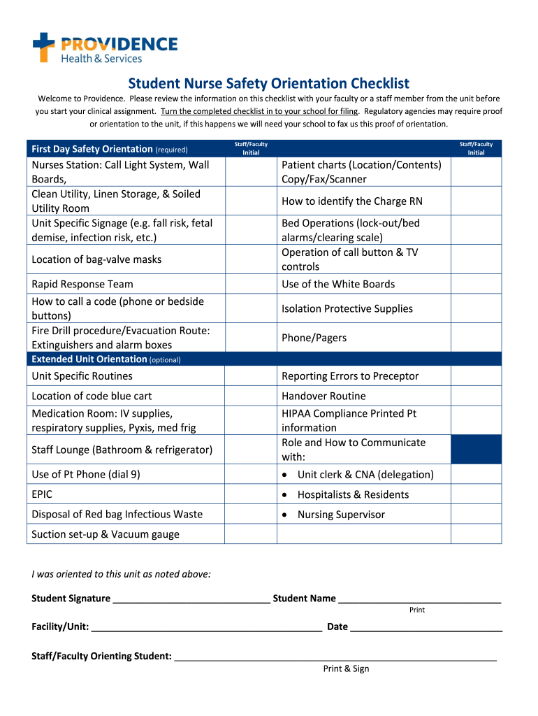 Nursing Orientation Checklist  Form