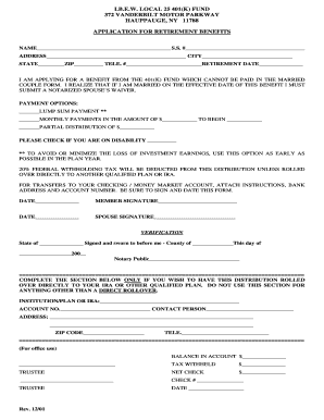 401K APPLICATION for RETIREMENT BENEFITS PDF EIB  Form