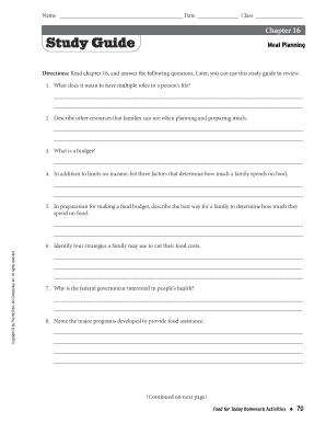 Chapter 16 Meal Planning Worksheet Answers  Form