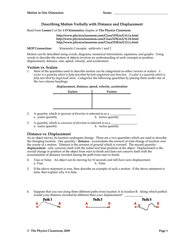 Distance and Displacement Worksheet  Form