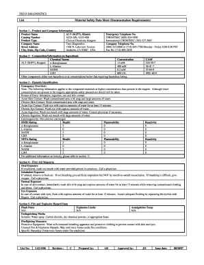 TECO DIAGNOSTICS List Material Safety Data Sheet Documentation Requirements Section 1 Product and Company Information Product Na