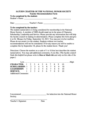 SATURN CHAPTER of the NATIONAL HONOR SOCIETY Teacher  Form