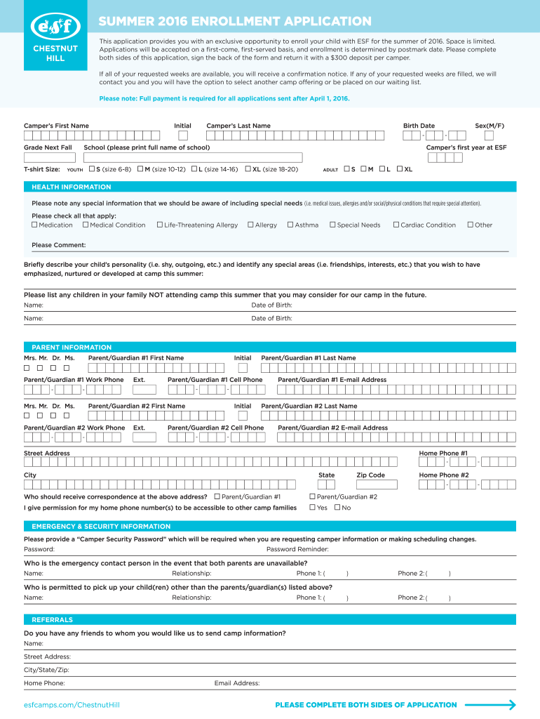 SUMMER ENROLLMENT APPLICATION  ESF Summer Camps  Form