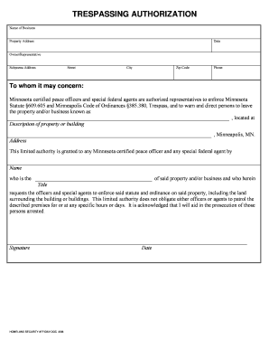 TRESPASSING AUTHORIZATION Minneapolischamberorg  Form