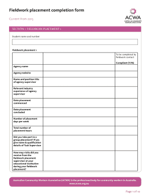 Fieldwork Placement Completion Form ACWA Acwa Org