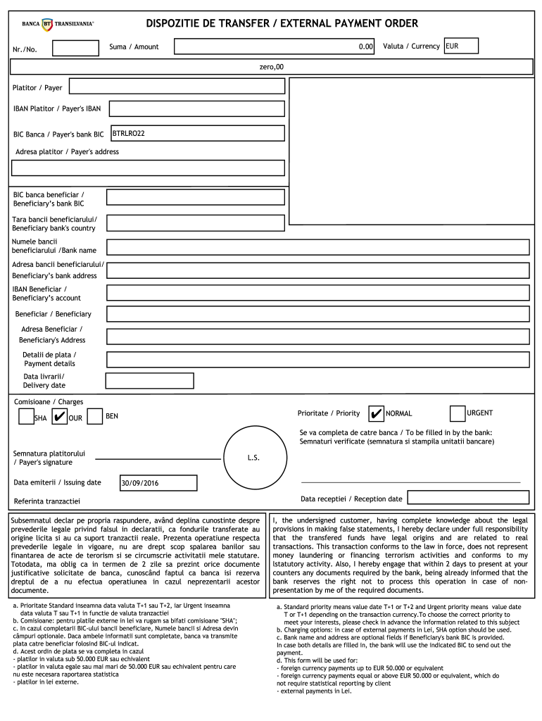 Dispozitie De Transfer External Payment Order Banca Transilvania  Form