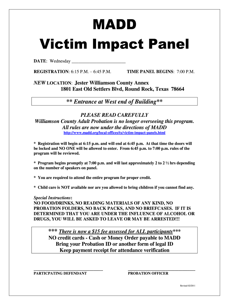  Victim Impact Panel Class Onmlinme 2011-2024