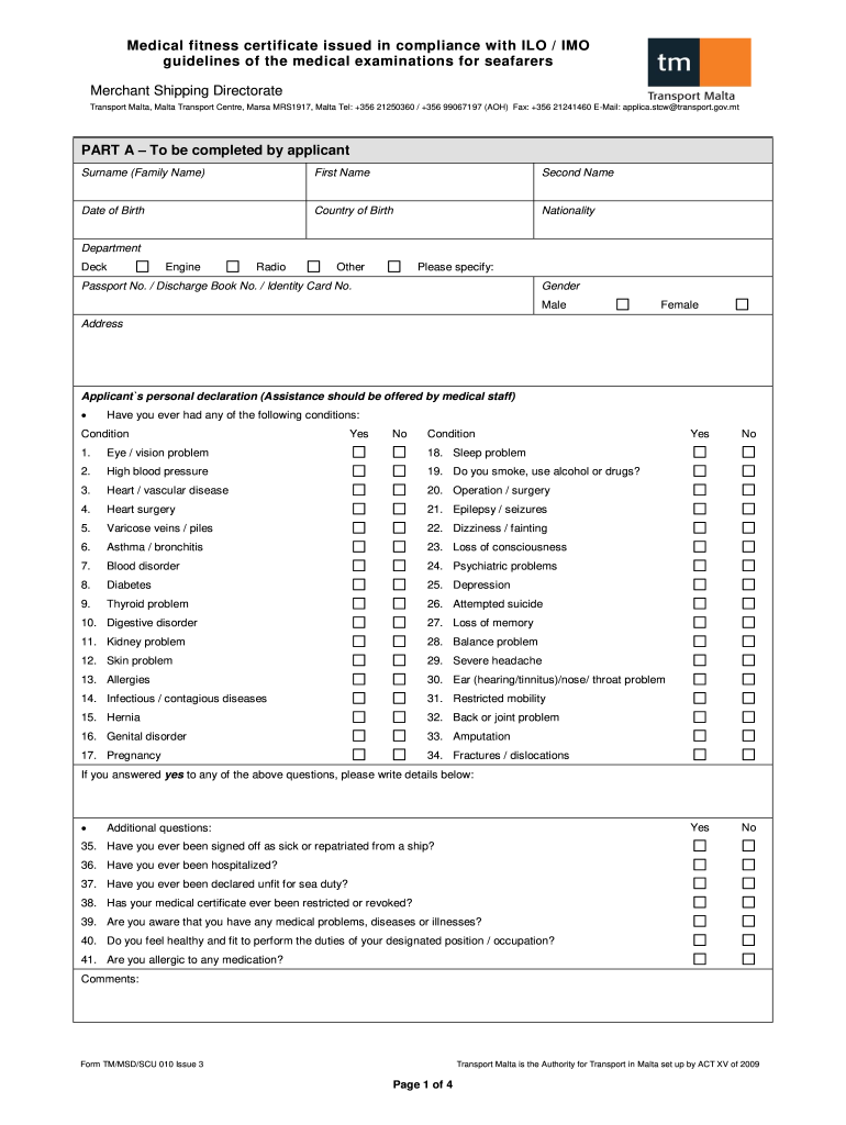 Malta Medical Certificate for Seafarers  Form