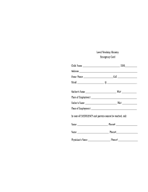 Lovell Weekday Ministry Emergency Card Child Name Firstbaptistconway  Form