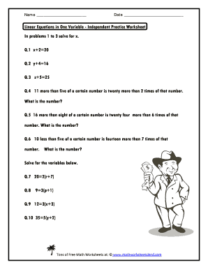 Linear Equations in One Variable Worksheet PDF  Form