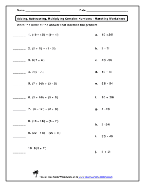 Adding and Subtracting Complex Numbers Worksheet  Form