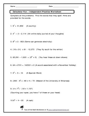 Calculator Words Worksheet  Form