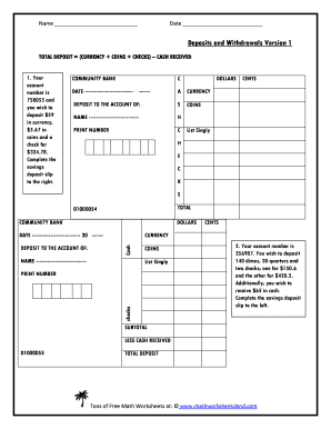 Deposit and Withdrawal Worksheets  Form