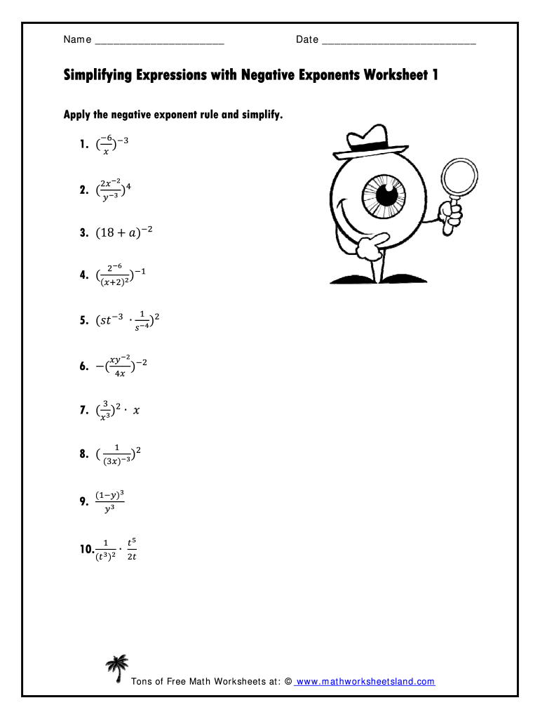 Simplifying Expressions with Negative Exponents Worksheet with Answers  Form