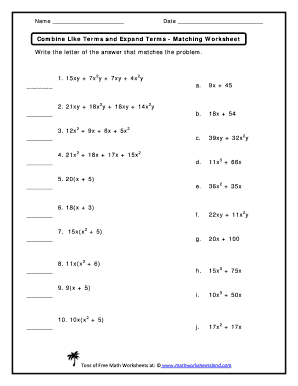 Combining Like Terms Matching Activity PDF  Form