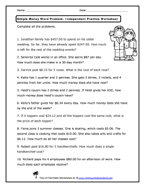 Simple Money Word Problems  Form