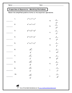 Properties of Exponents Worksheet  Form